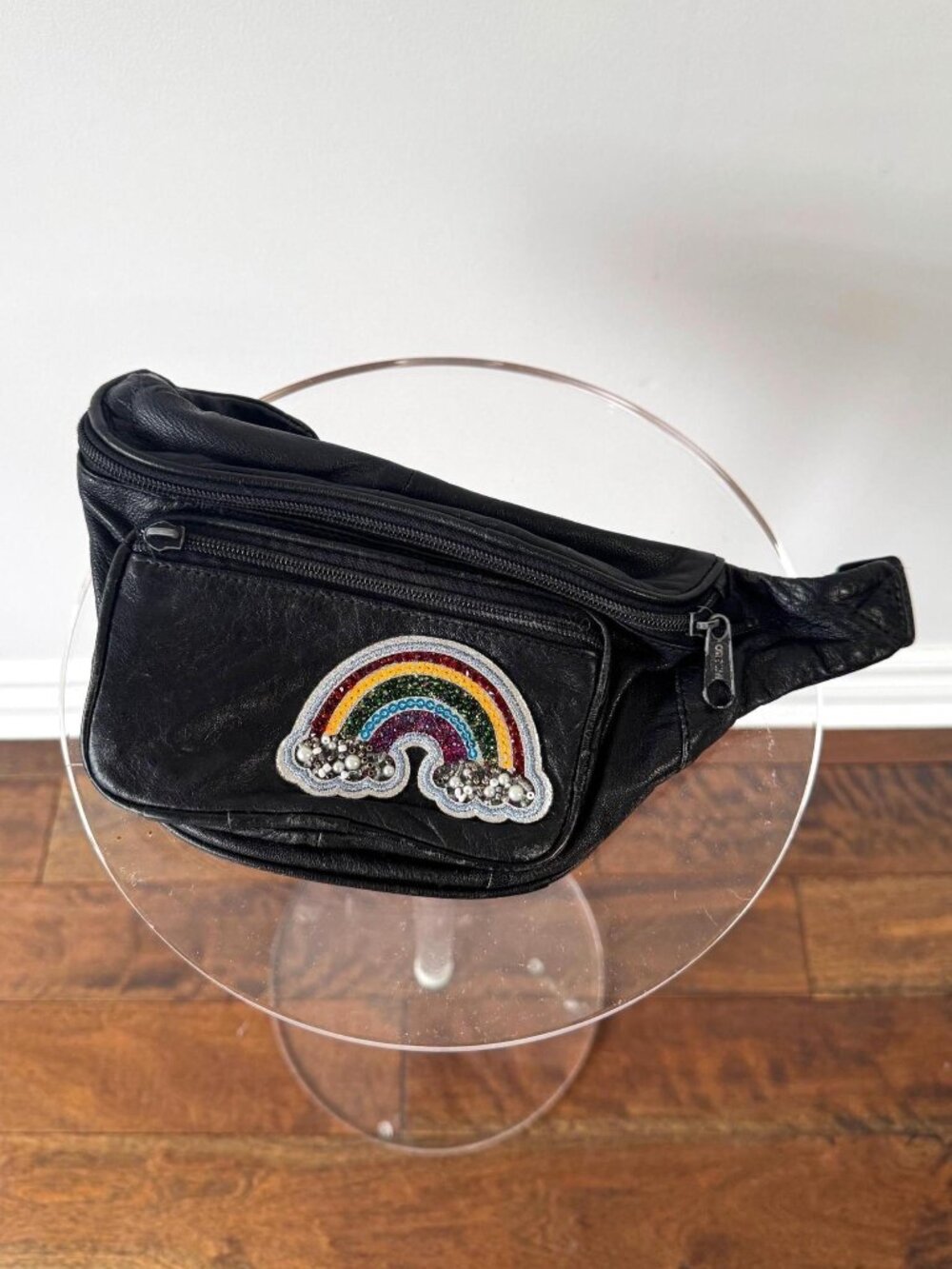 90s vintage black leather adjustable fanny pack waist bag with rainbow patch